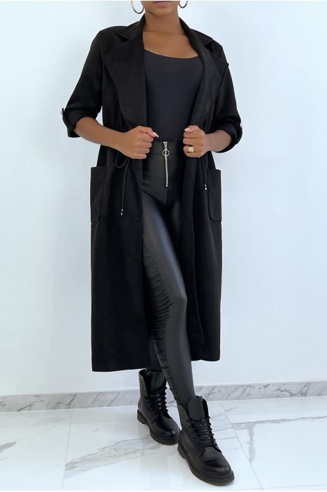 Manteau trench en su dine noir ajustable la taille