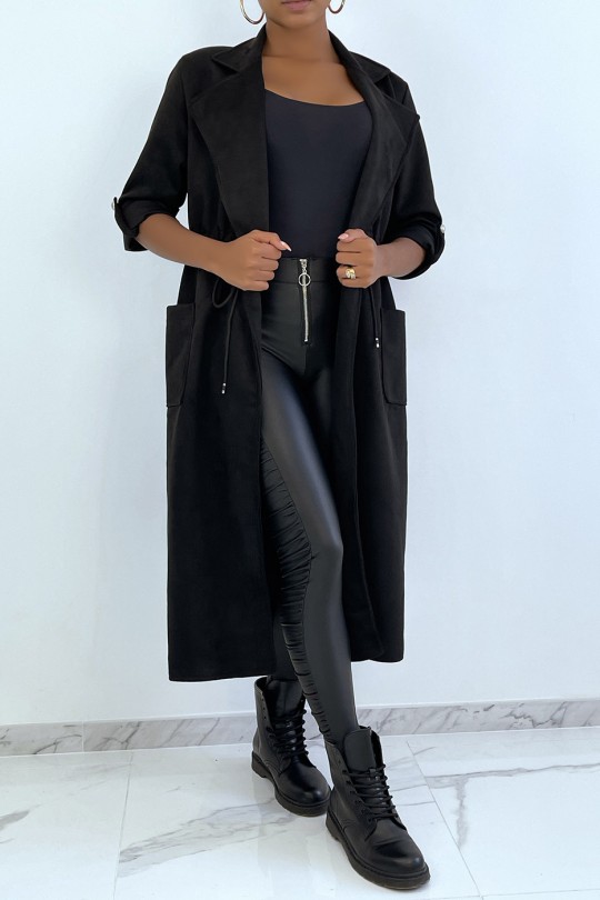 Manteau trench en suédine noir ajustable à la taille - 5
