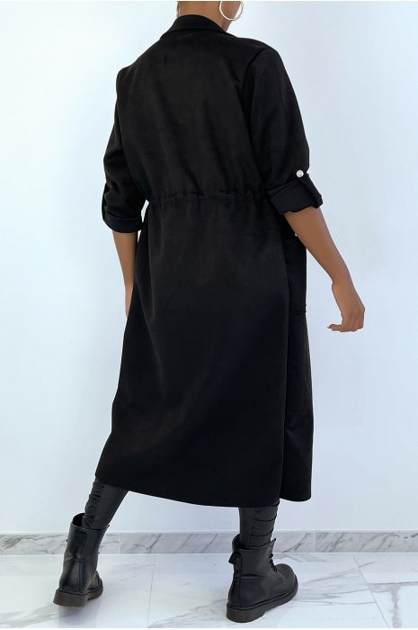 Manteau trench en suédine noir ajustable à la taille - 6