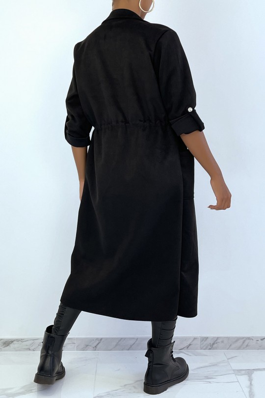 Manteau trench en suédine noir ajustable à la taille - 6