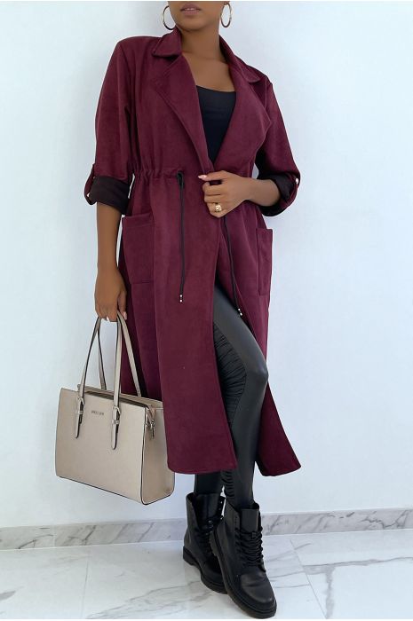 Manteau trench en suédine bordeaux ajustable à la taille - 1