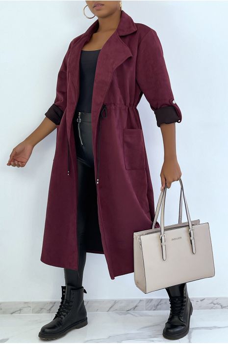 Manteau trench en suédine bordeaux ajustable à la taille - 2