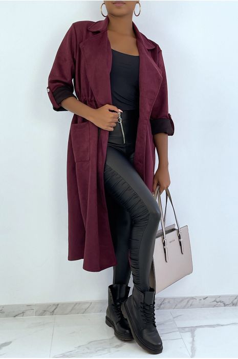 Manteau trench en suédine bordeaux ajustable à la taille - 3
