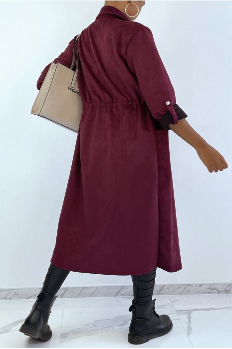Manteau trench en suédine bordeaux ajustable à la taille - 4