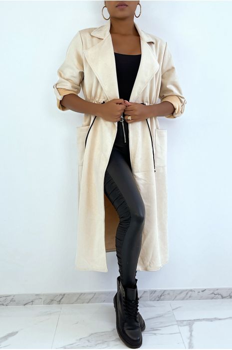 Beige suède trenchcoat verstelbaar in de taille - 1
