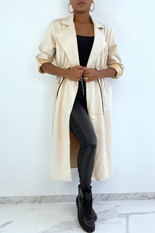 Beige suedette trench coat adjustable at the waist - 1