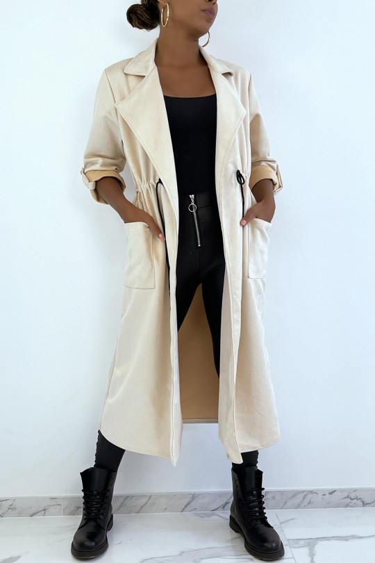 Beige suedette trench coat adjustable at the waist - 2