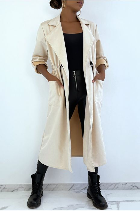 Manteau trench en suédine beige ajustable à la taille