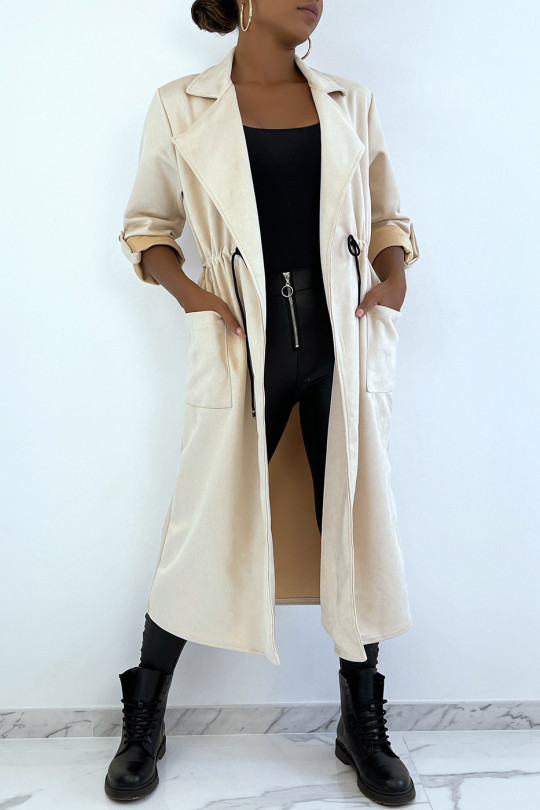 Beige suedette trench coat adjustable at the waist - 3