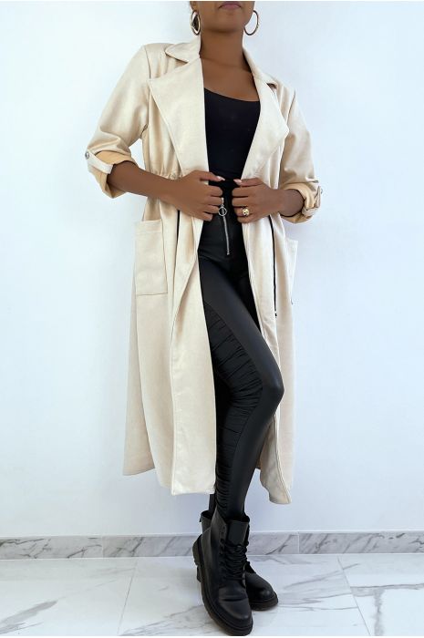 Beige suède trenchcoat verstelbaar in de taille - 4