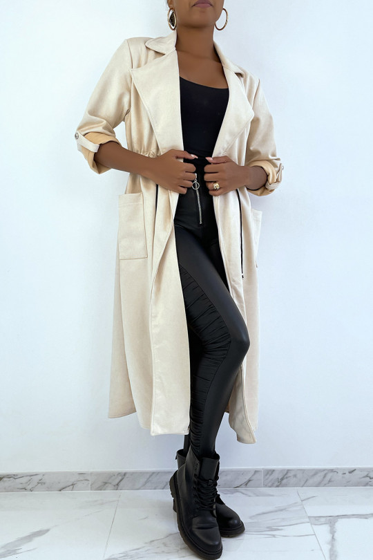 Beige suedette trench coat adjustable at the waist - 4