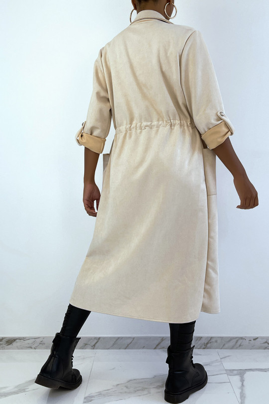 Beige suedette trench coat adjustable at the waist - 5