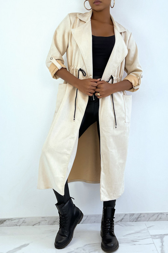 Beige suedette trench coat adjustable at the waist - 6