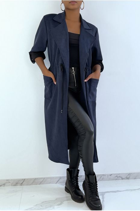 Manteau trench en suédine marine ajustable à la taille - 1