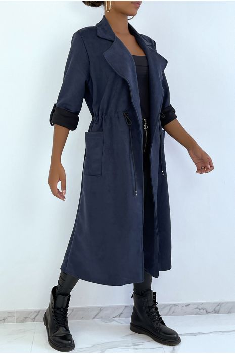 Manteau trench en suédine marine ajustable à la taille - 2