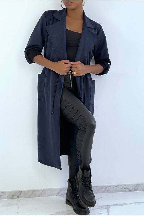 Manteau trench en suédine marine ajustable à la taille - 3