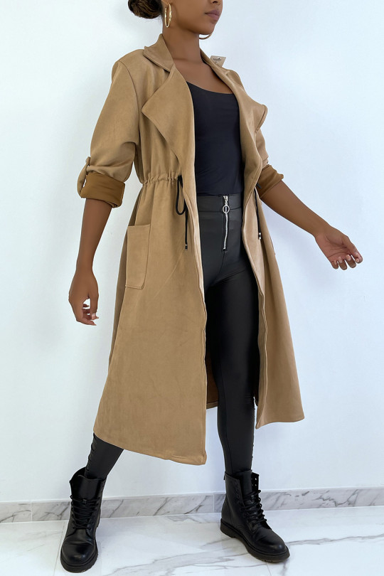 Camel suedette trench coat adjustable at the waist - 1
