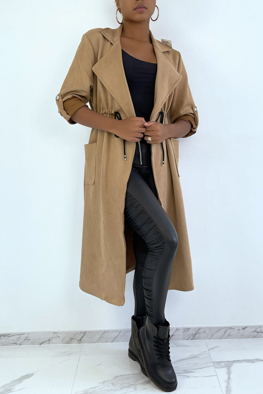 Camel suedette trench coat adjustable at the waist - 2