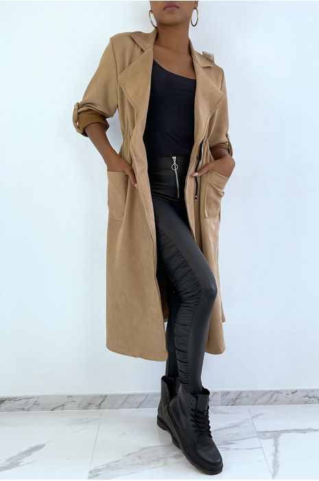 Camel suedette trench coat adjustable at the waist - 3