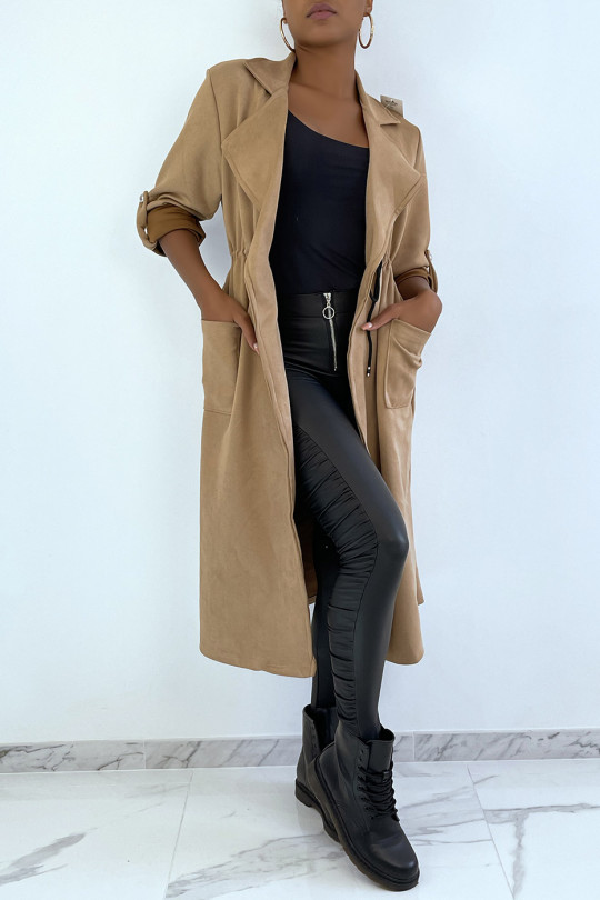 Camel suedette trench coat adjustable at the waist - 3