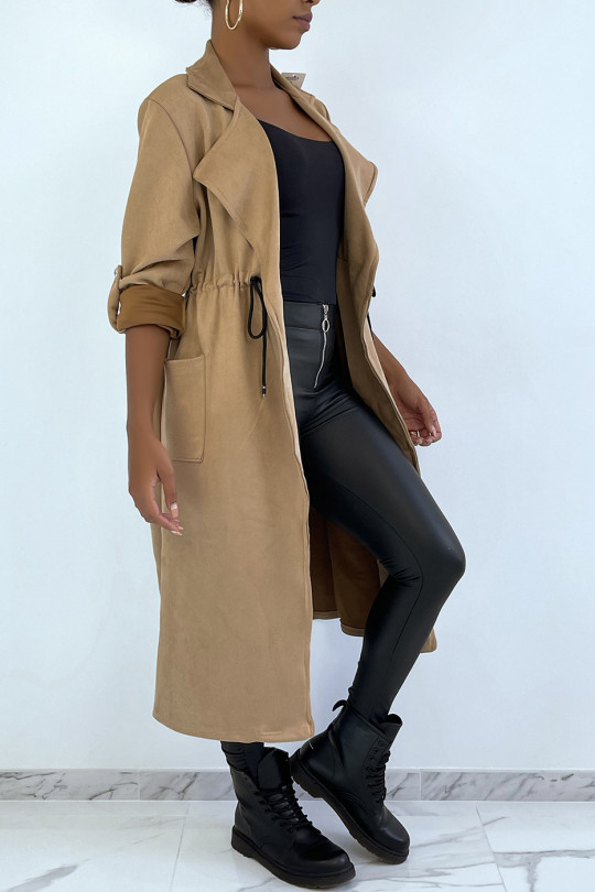 Camel suedette trench coat adjustable at the waist - 4