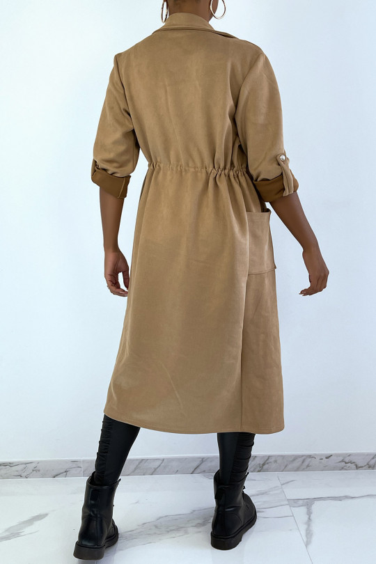Camel suedette trench coat adjustable at the waist - 5