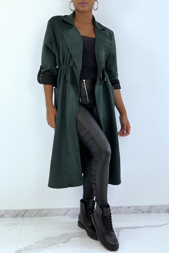 Manteau trench en suédine verte ajustable à la taille - 1