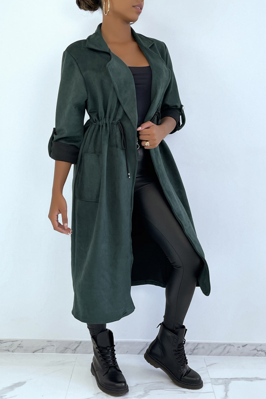 Manteau trench en suédine verte ajustable à la taille - 3