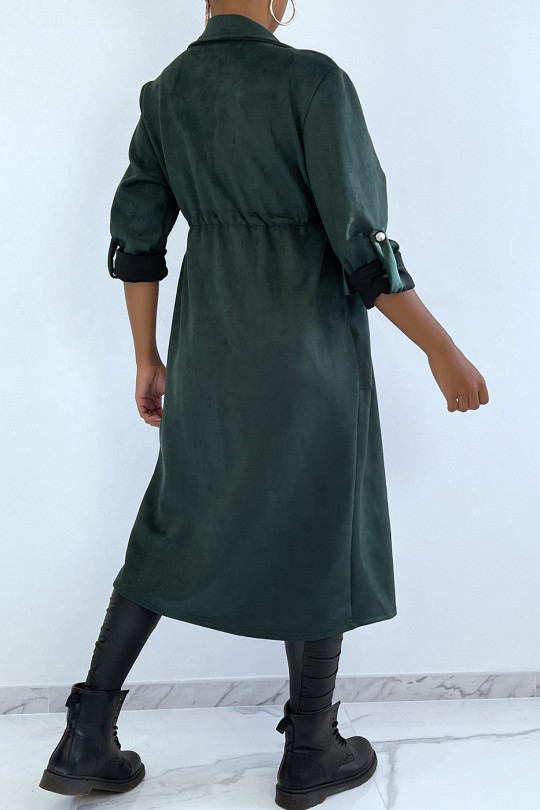 Manteau trench en suédine verte ajustable à la taille - 4