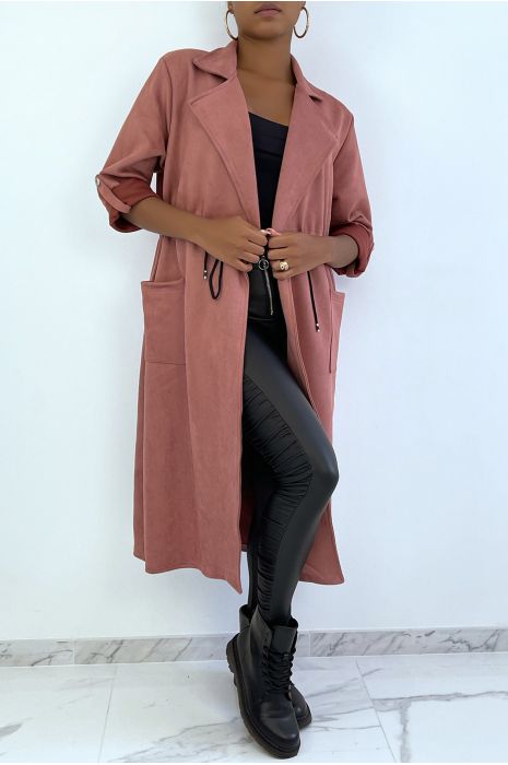 Manteau trench en suédine rose ajustable à la taille - 1
