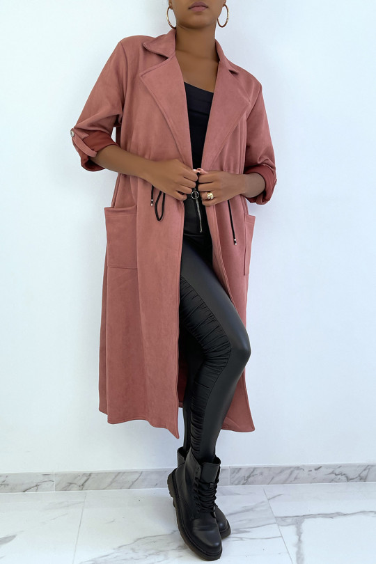 Pink suedette trench coat adjustable at the waist - 1