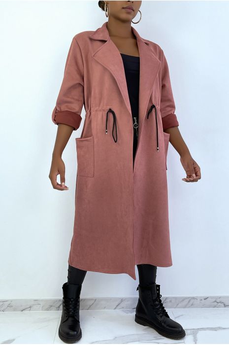 Roze suedette trenchcoat verstelbaar in de taille - 2