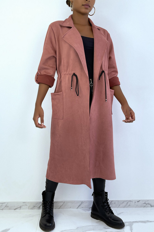 Roze suedette trenchcoat verstelbaar in de taille - 2