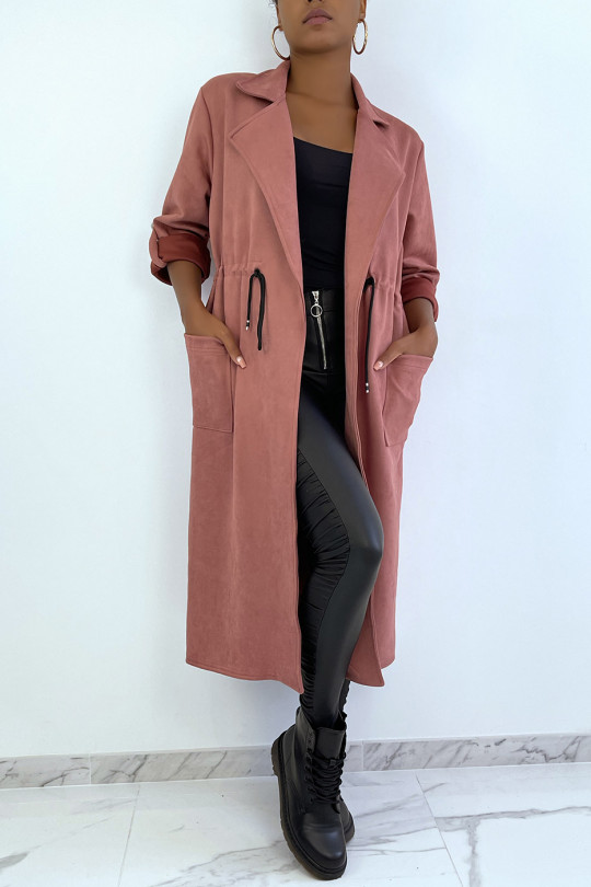 Roze suedette trenchcoat verstelbaar in de taille - 3