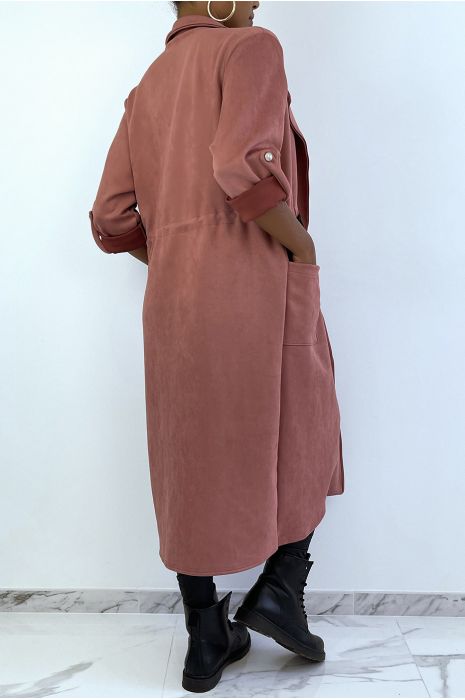 Pink suedette trench coat adjustable at the waist - 4