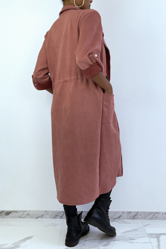 Manteau trench en suédine rose ajustable à la taille - 4