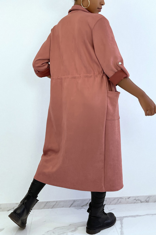 Roze suedette trenchcoat verstelbaar in de taille - 5