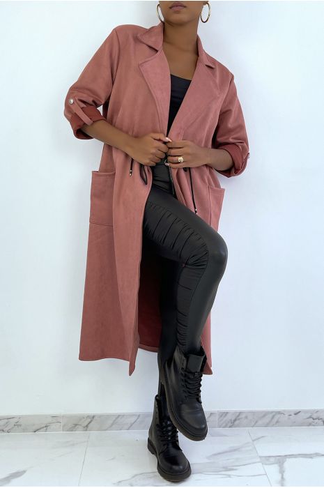 Pink suedette trench coat adjustable at the waist - 6