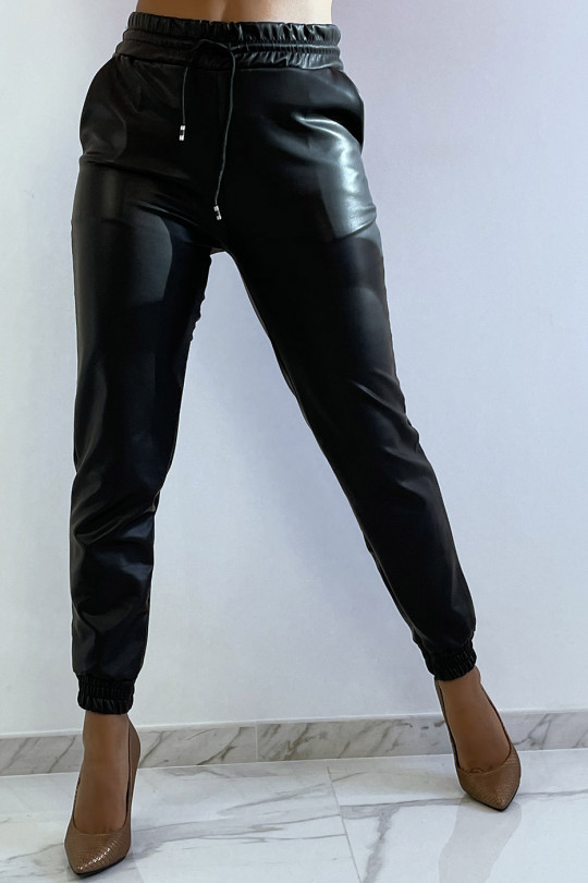 Trendy black faux leather jogging bottoms - 6