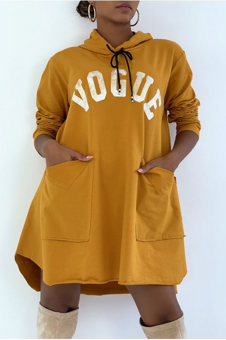 zeer oversized mosterdsweatshirt met glanzende VOGUE-letters - 4