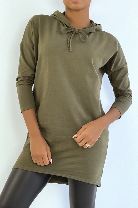 Lichtkaki sweatshirtjurk met capuchon en lange mouwen - 1