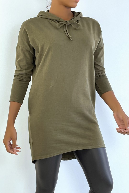 Lichtkaki sweatshirtjurk met capuchon en lange mouwen - 2