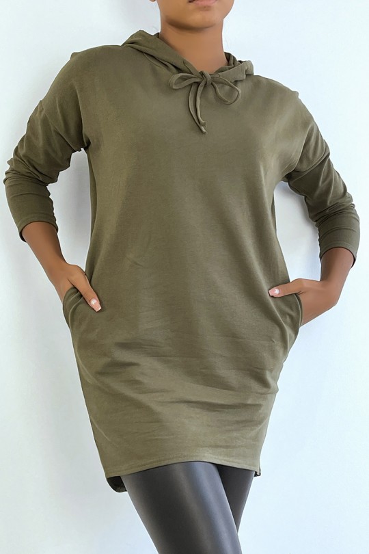 Lichtkaki sweatshirtjurk met capuchon en lange mouwen - 4