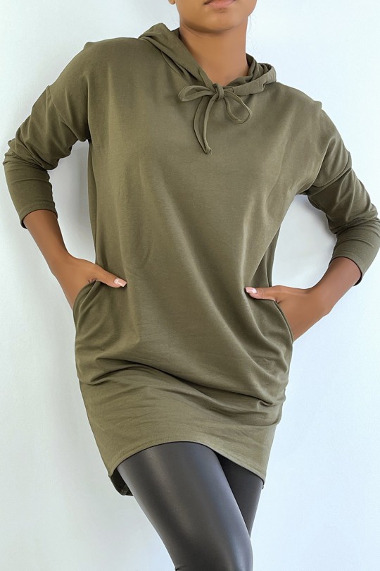 Lichtkaki sweatshirtjurk met capuchon en lange mouwen - 5