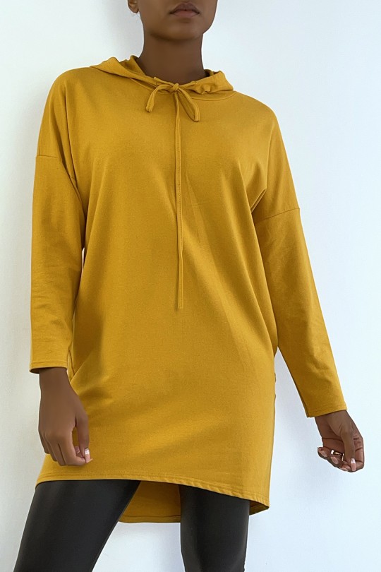 Light Mustard Hooded Long Sleeve Sweatshirt Dress - 1