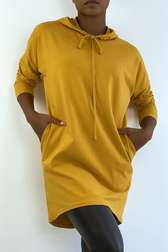 Light Mustard Hooded Long Sleeve Sweatshirt Dress - 2