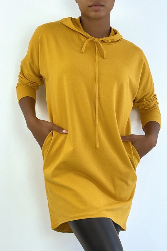 Light Mustard Hooded Long Sleeve Sweatshirt Dress - 3