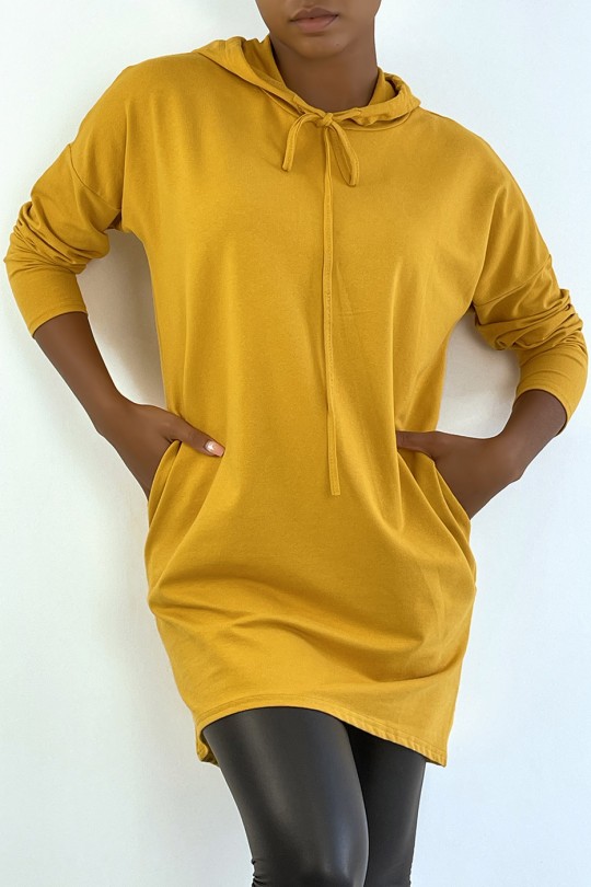 Light Mustard Hooded Long Sleeve Sweatshirt Dress - 4