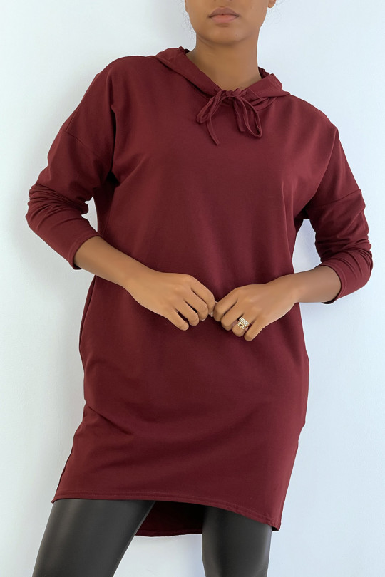 Licht bordeauxrode sweatshirtjurk met capuchon en lange mouwen - 1