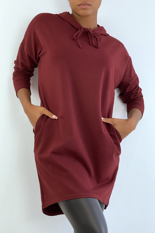 Licht bordeauxrode sweatshirtjurk met capuchon en lange mouwen - 2